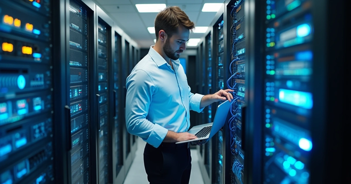Técnico de informática organizando cabos e equipamentos em sala de servidores 