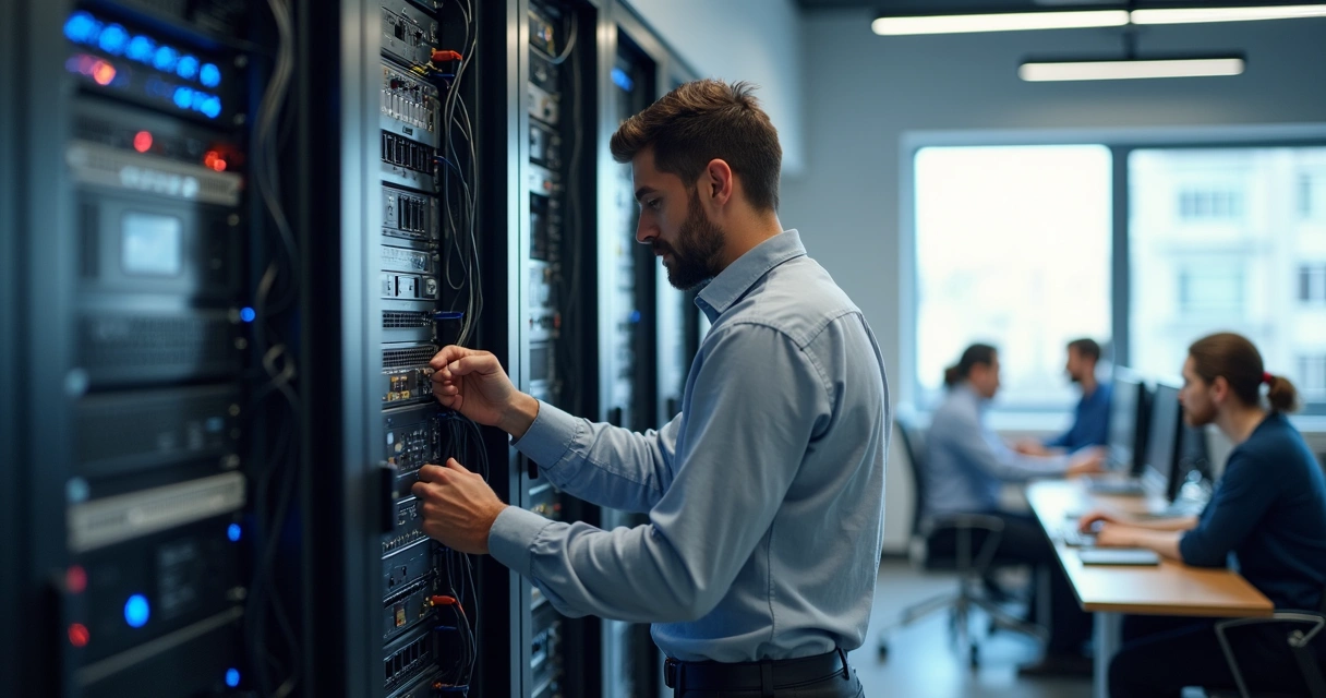 Técnico em TI ajustando servidor no rack 