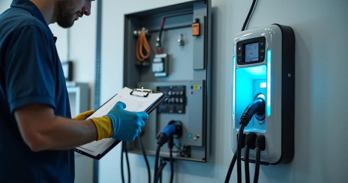 Técnico verificando instalação elétrica de carregador veicular 