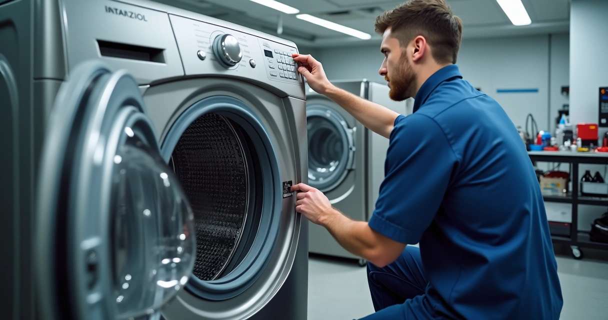 Técnico inspecionando máquina de lavar aberta 