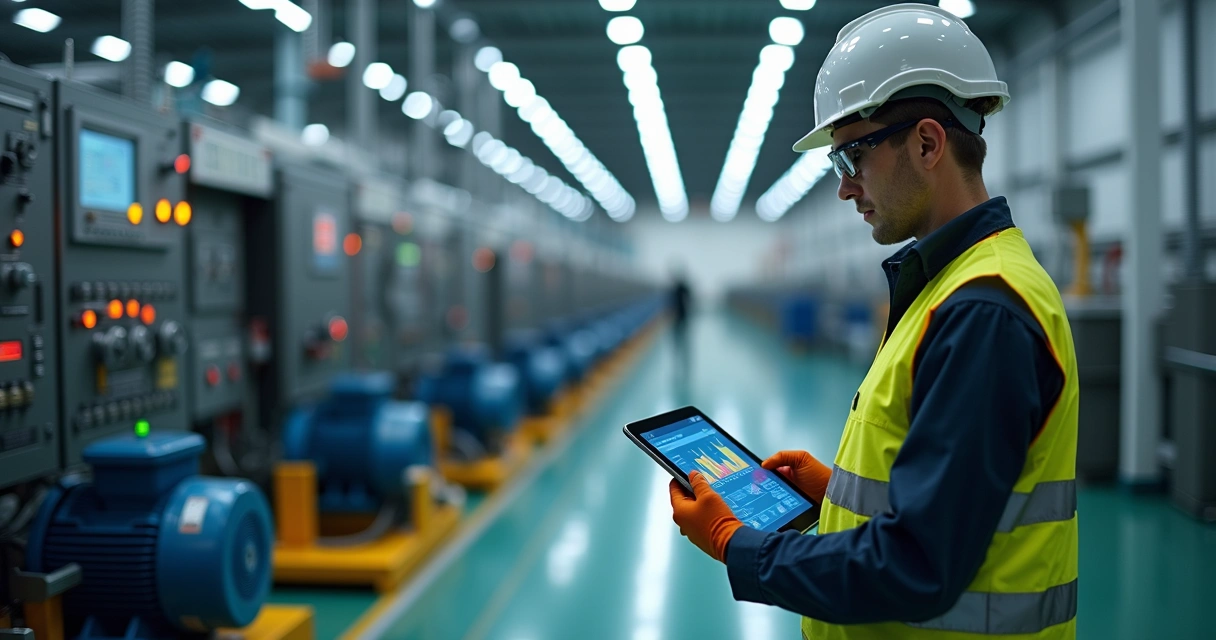 Técnico de manutenção inspecionando equipamento industrial com tablet na mão 