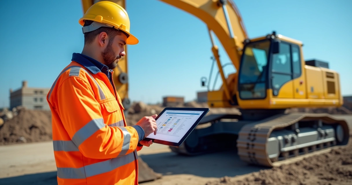 Técnico inspecionando máquina pesada em operação, realizando manutenção preventiva com checklist digital na tela do tablet 