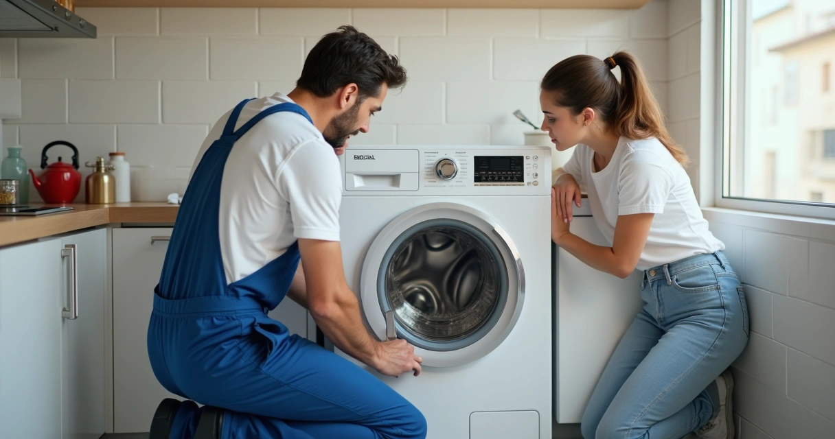 Profissional instala máquina de lavar enquanto mulher observa 