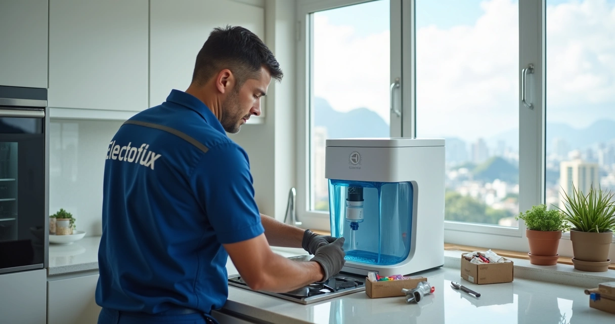 Técnico instalando purificador Electrolux em bancada de cozinha do Rio de Janeiro. 