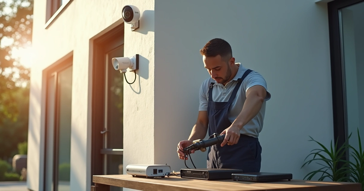 Técnico instalando câmera de segurança em residência 