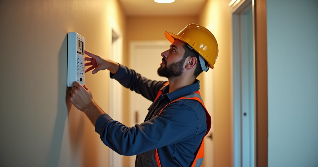 Técnico instalando central de alarme em parede residencial