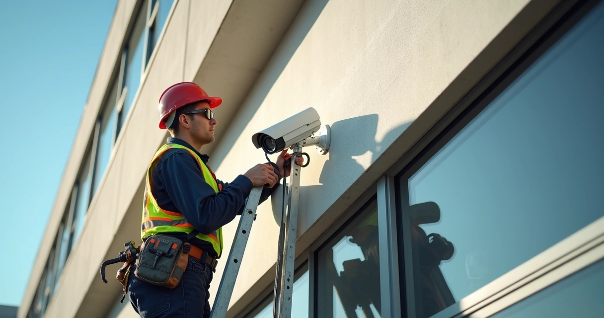 Técnico instalando câmera em parede externa 