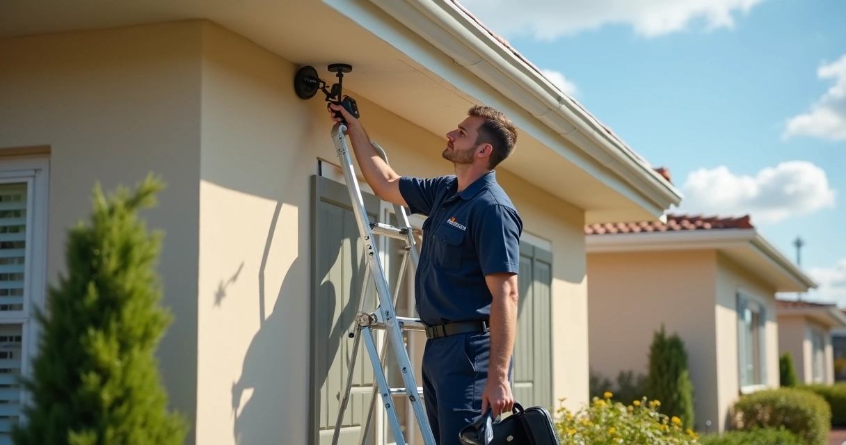 Técnico uniformizado instalando câmera externa em residência 