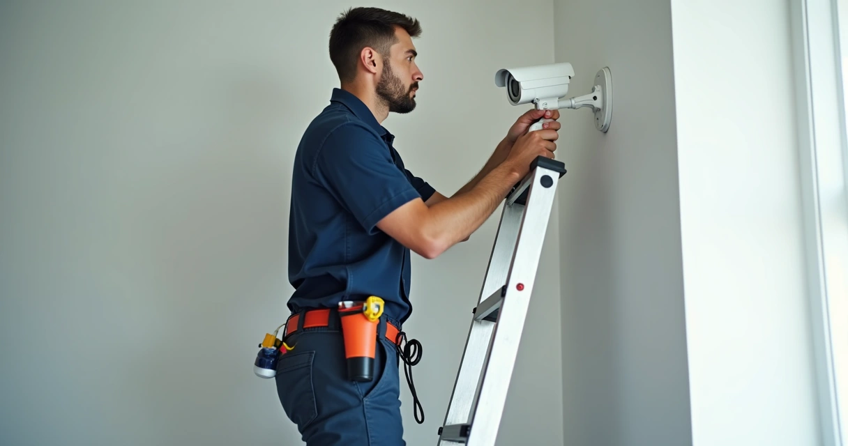 Técnico instalando câmera de segurança em uma parede branca 