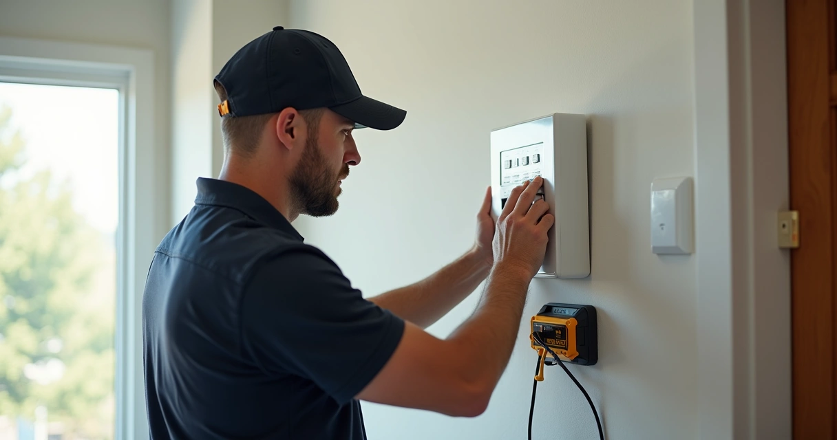 Técnico instalando uma central de alarme em parede com ferramentas ao lado 
