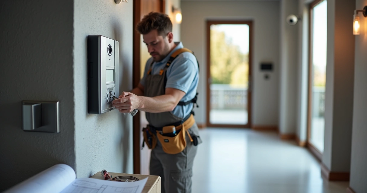Técnico instalando interfone em hall de condomínio moderno 