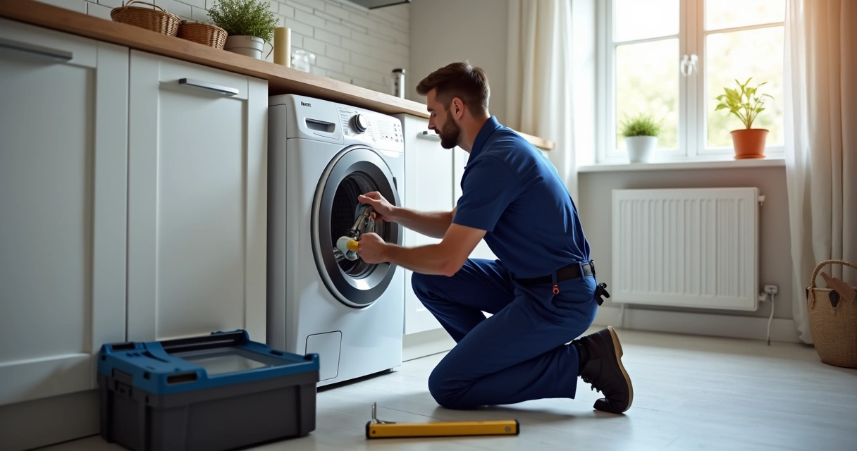Técnico especializado instalando lavadora de roupas em ambiente doméstico 