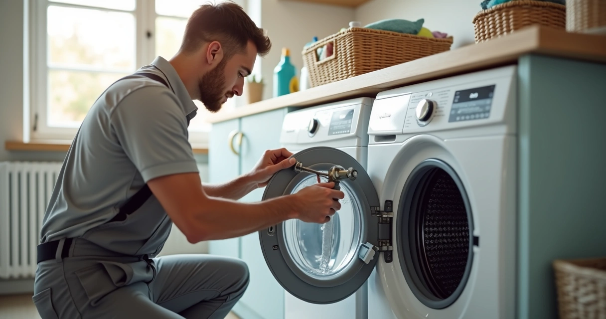 Técnico ajustando conexão de máquina de lavar roupa 