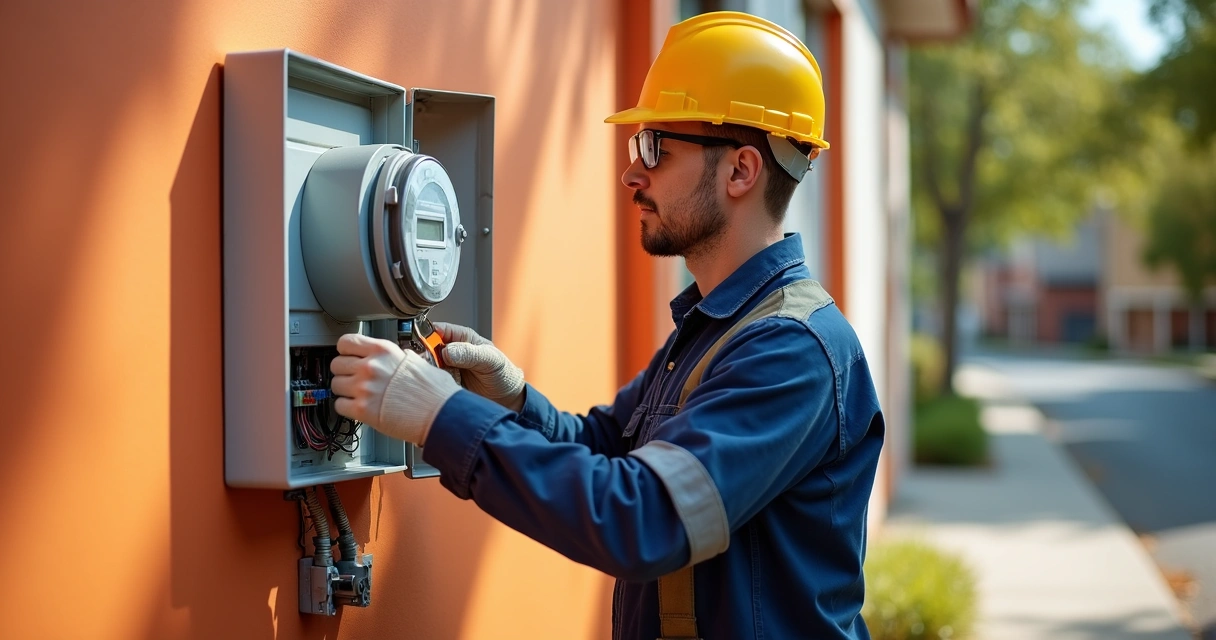 Técnico instalando medidor bidirecional de energia em parede externa. 