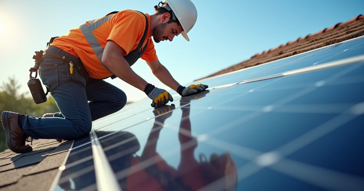 Técnico instalando módulo solar no telhado 
