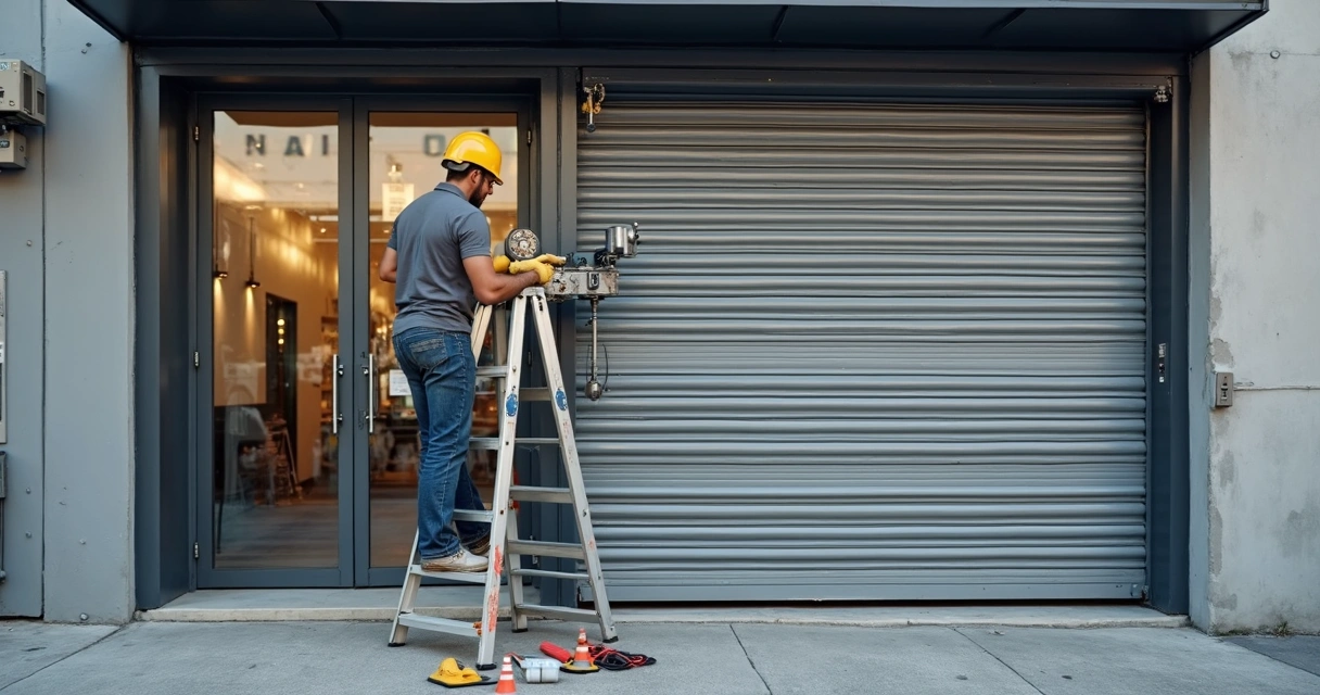 Técnico ajustando motor de porta de enrolar em fachada comercial moderna 
