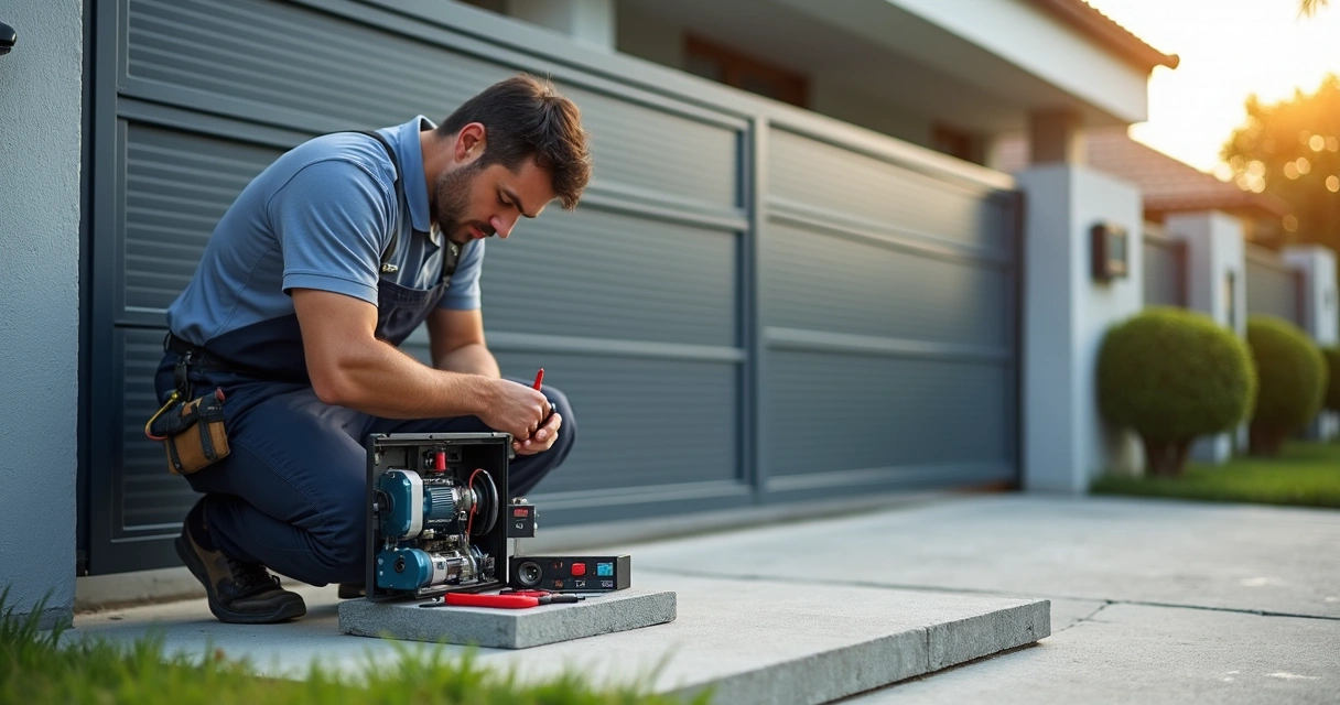 Técnico instalando motor de portão Rossi em casa moderna 