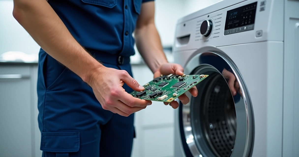 Técnico instalando peça em máquina de lavar de última geração. 