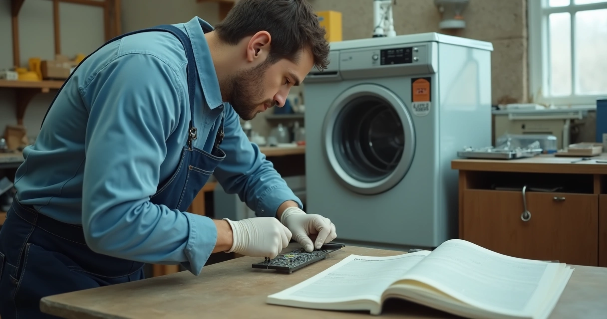 Técnico instalando peça original em máquina de lavar antiga 