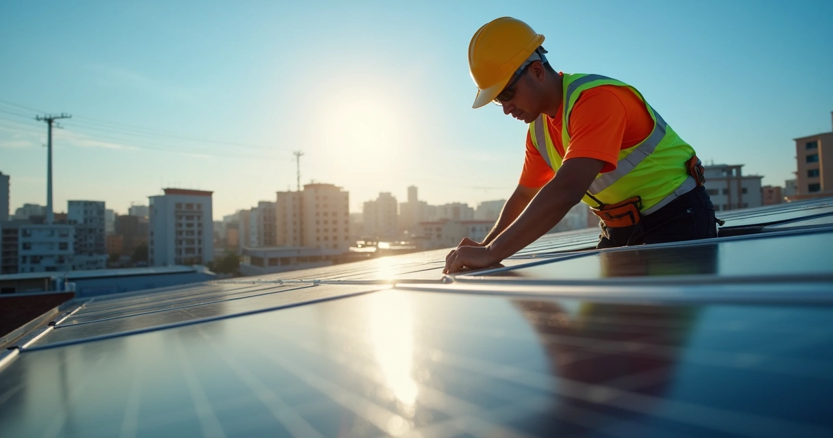 Técnico instalando placa fotovoltaica em telhado de empresa 