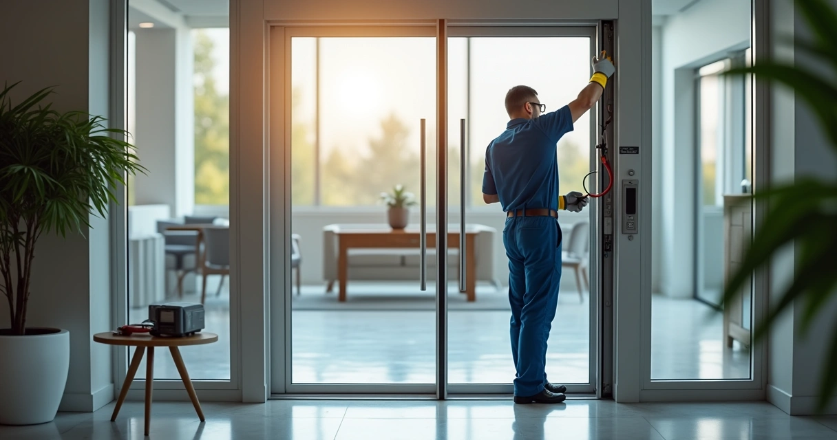 Técnico instalando motor de porta automática comercial em ambiente corporativo moderno 