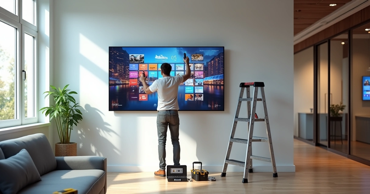 Técnico instalando TV indoor em parede com ambiente organizado ao redor 