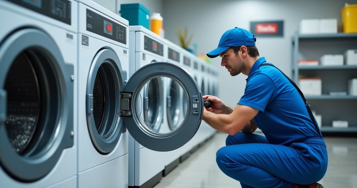 Técnico uniformizado instalando máquina de lavar 