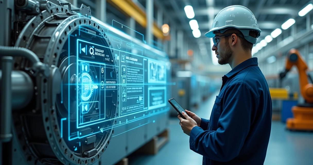 Técnico júnior usando óculos de realidade aumentada ao lado de máquina industrial 