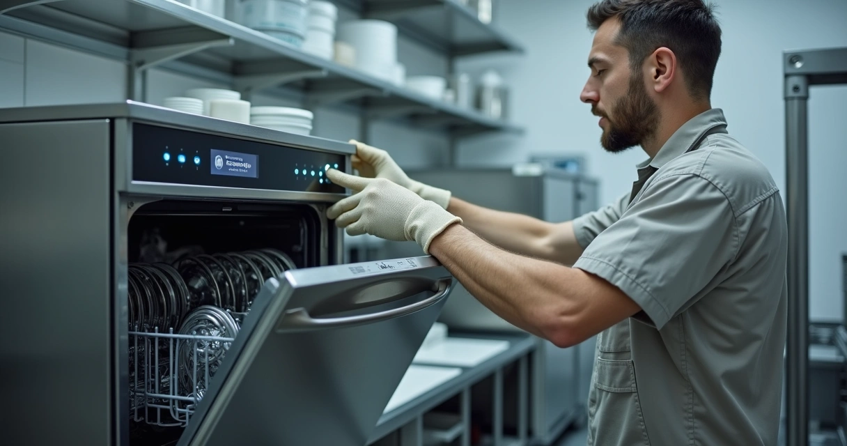 Técnico verificando painel de lava-louças comercial em cozinha profissional