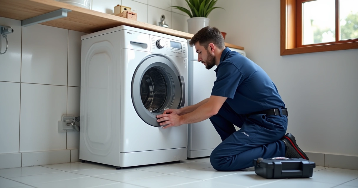 Técnico inspecionando lava e seca em uma casa em Curitiba 