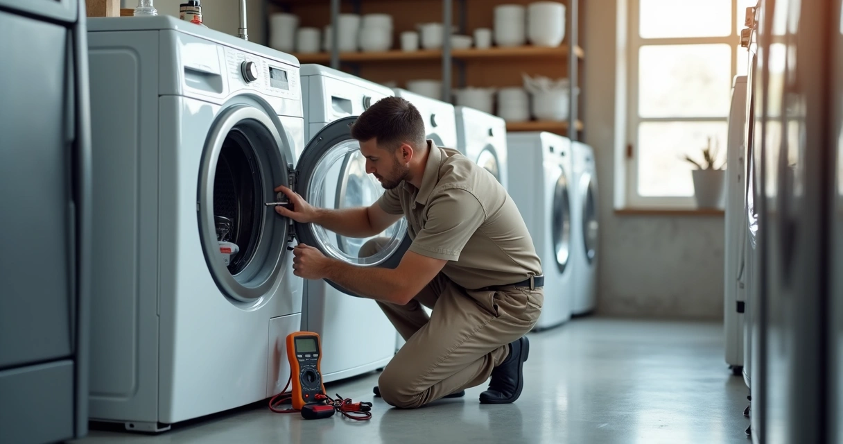Técnico analisando máquina de lavar aberta com ferramentas de diagnóstico 