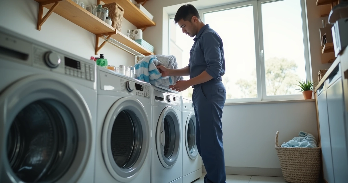 Técnico avaliando máquina de lavar em casa 
