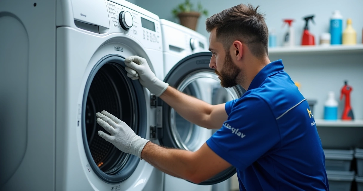 Técnico desmontando lava e seca para limpeza interna 