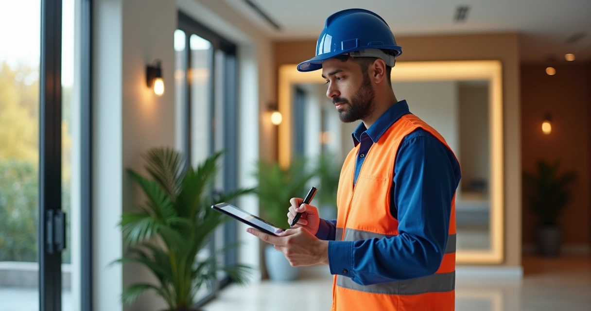 Técnico assinando documento digital em tablet em obra concluída 