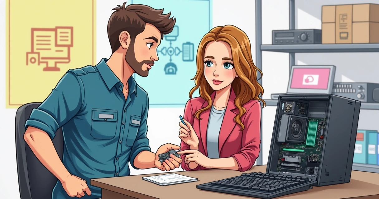 Técnico de informática explicando serviço para cliente ao lado de computador aberto 