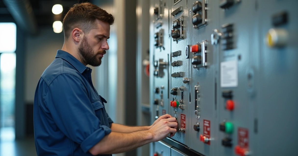 Técnico ajustando central de automação em condomínio 