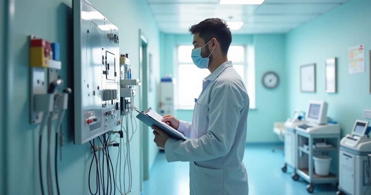 Técnico verificando equipamento em sala clínica 
