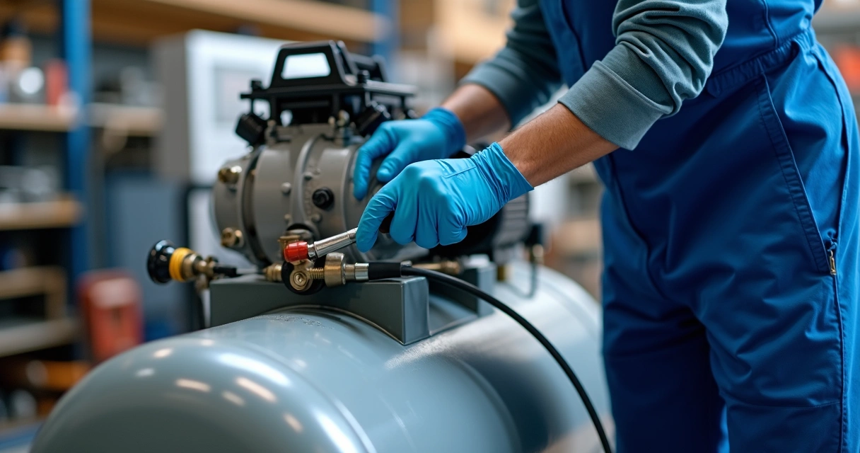 Técnico realizando manutenção em compressor de ar automotivo 