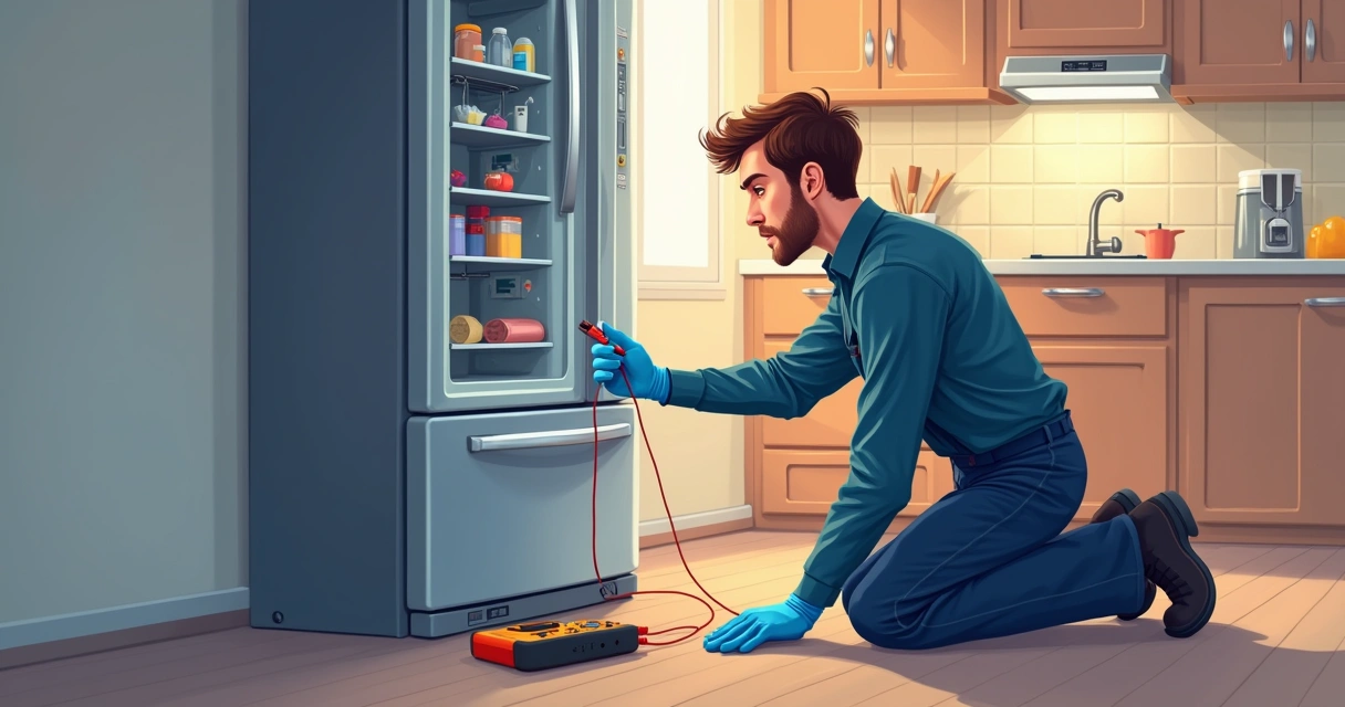 Técnico examinando parte elétrica de geladeira na cozinha 