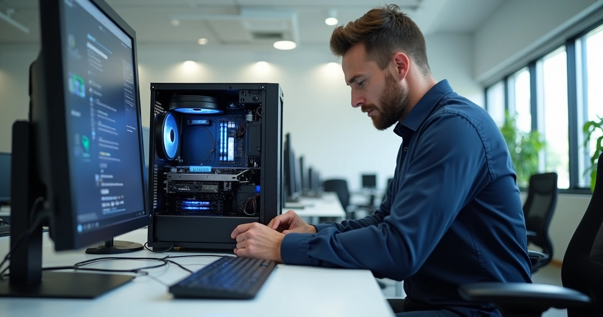 Técnico ajustando componentes internos de desktop. 