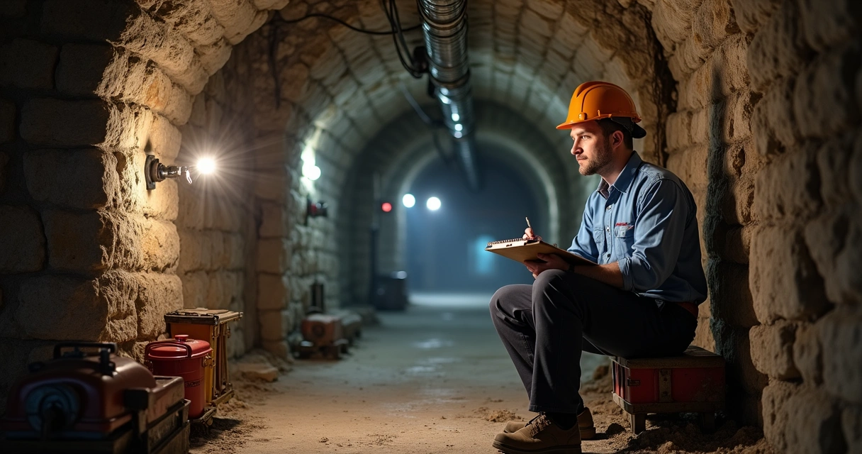 Técnico de manutenção analisa canos em edifício antigo 