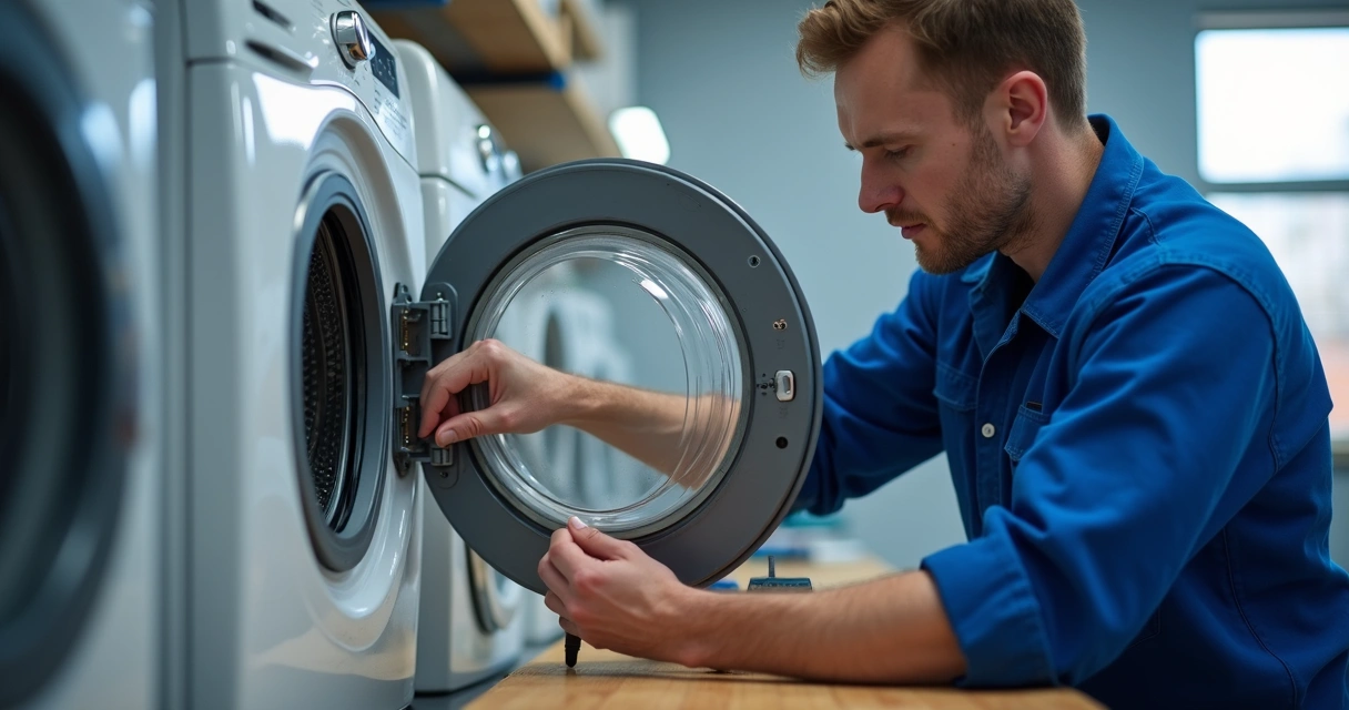 Técnico examinando eletrodoméstico em bancada de oficina 
