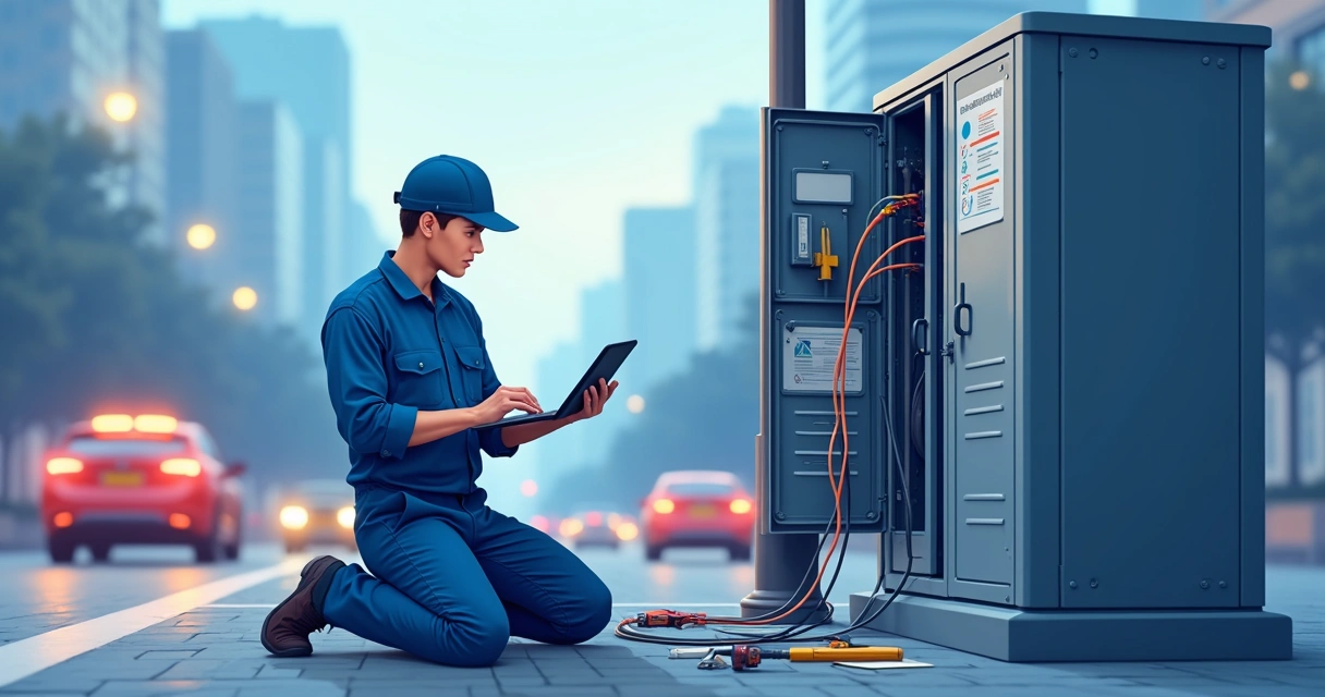 Técnico de internet fazendo manutenção em caixa de fibra óptica 