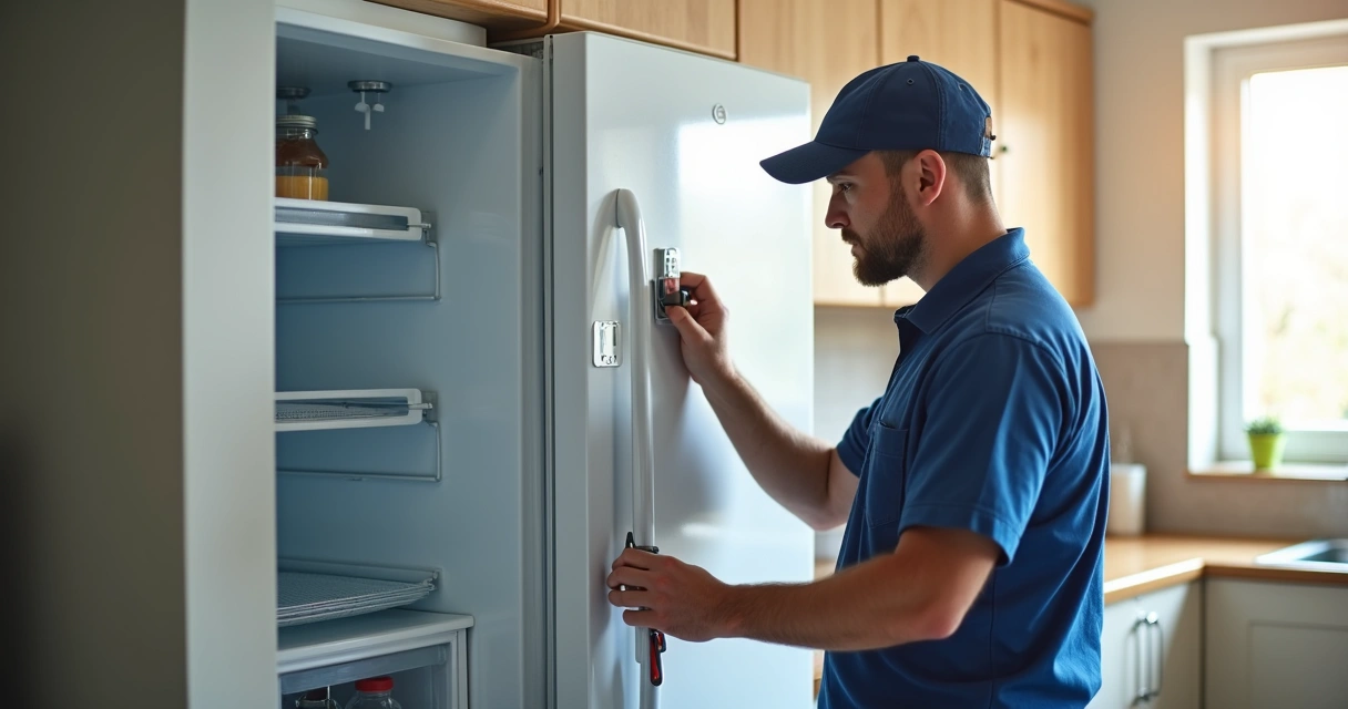 Técnico realizando manutenção na geladeira em cozinha residencial 