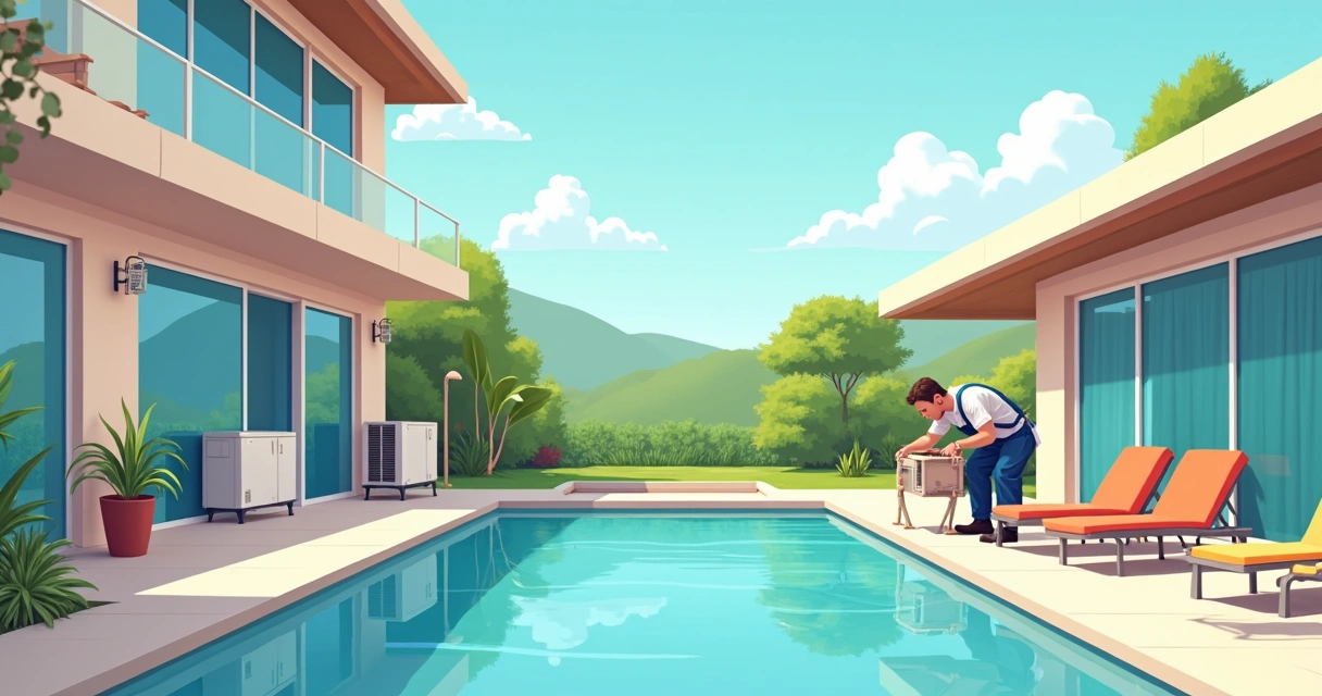 Maintenance technician working in a high-end home, reviewing pool equipment