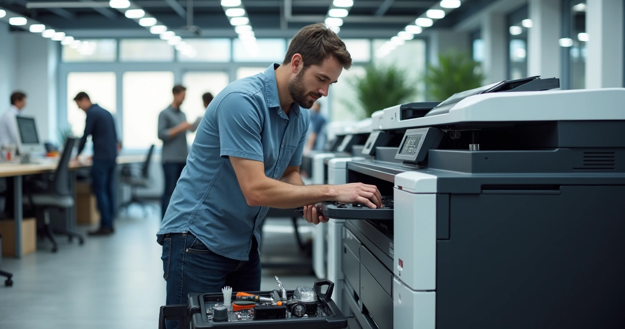 Técnico realizando manutenção em impressora empresarial