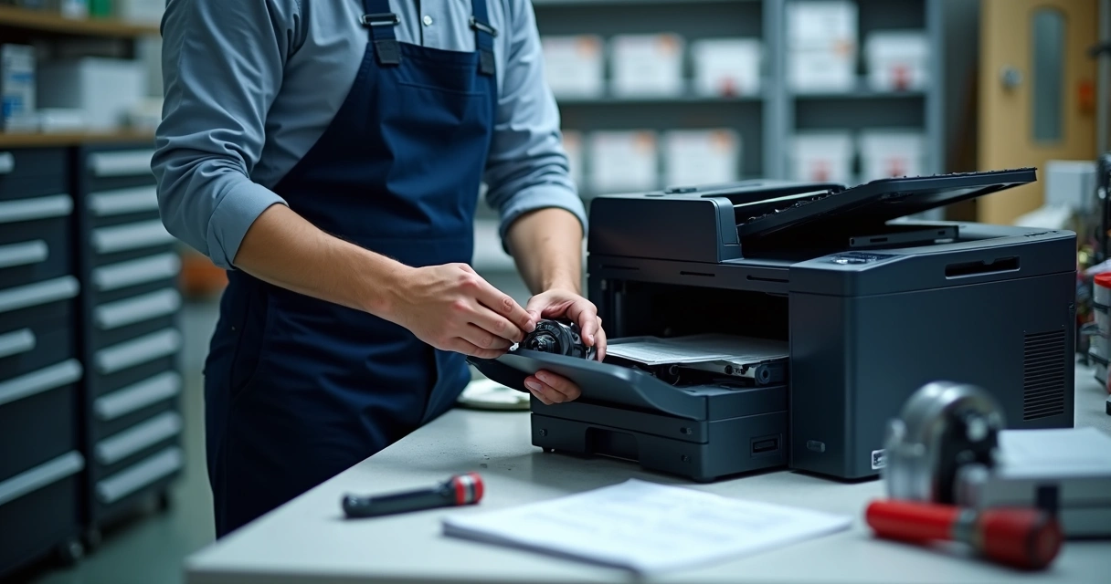 Técnico trocando peça de impressora numa bancada de trabalho