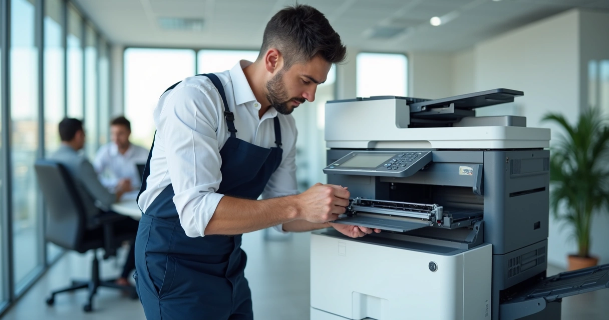 Técnico fazendo manutenção em impressora em ambiente corporativo