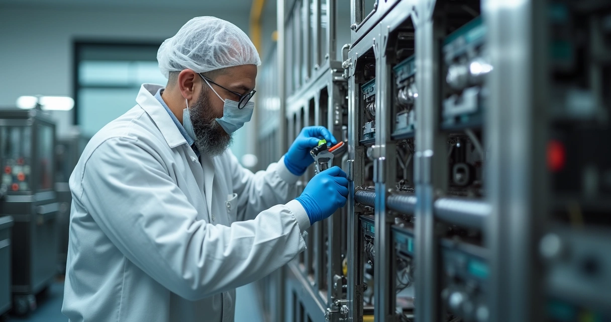 Técnico ajustando máquina em fábrica de alimentos 