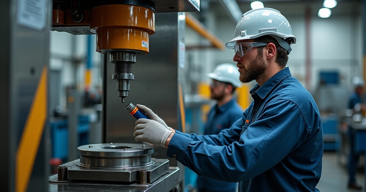 Técnico de manutenção em indústria usando EPI diante de uma prensa hidráulica 